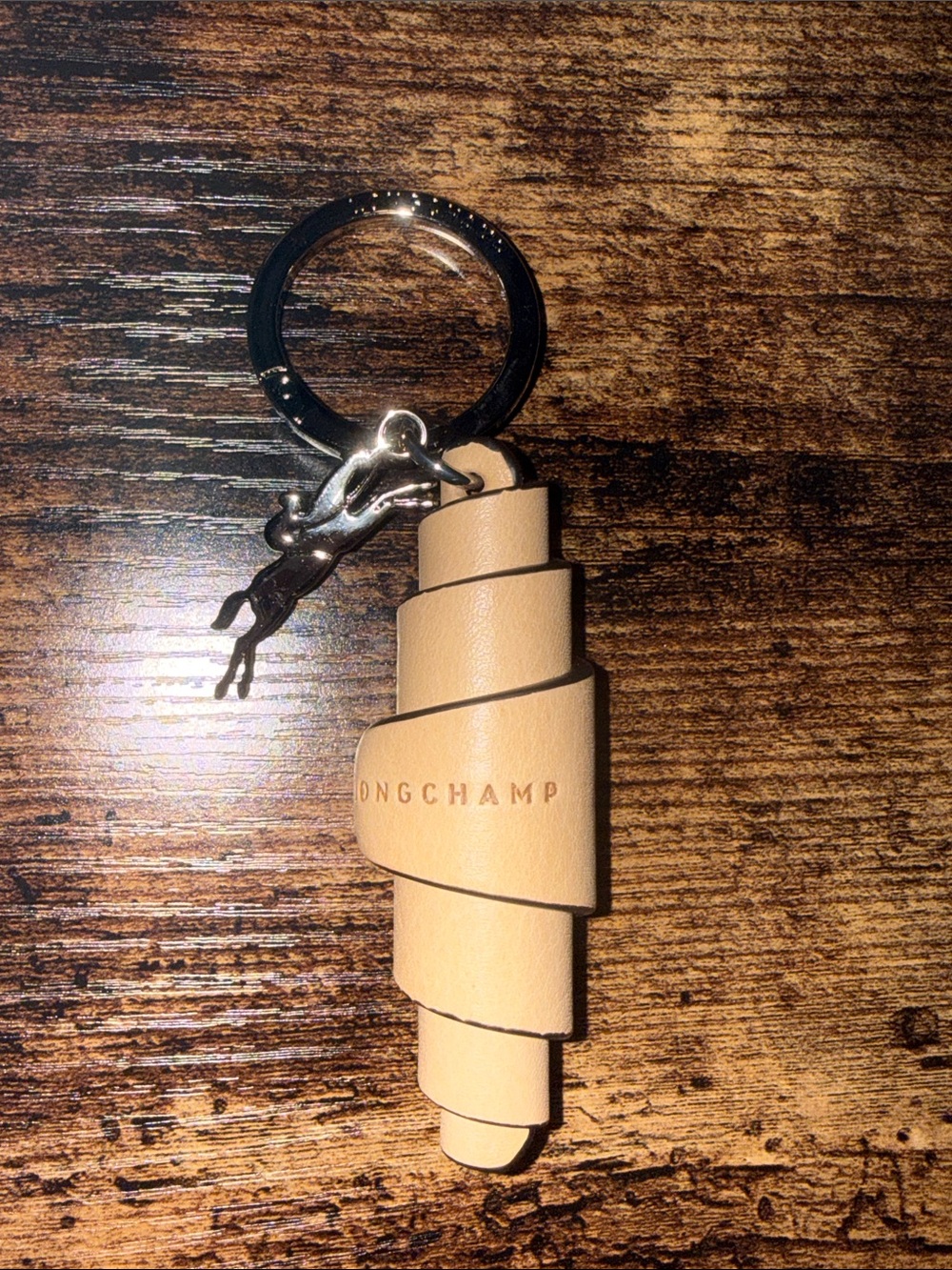 Longchamp Leather Croissant Key Ring with Silver Horse Charm